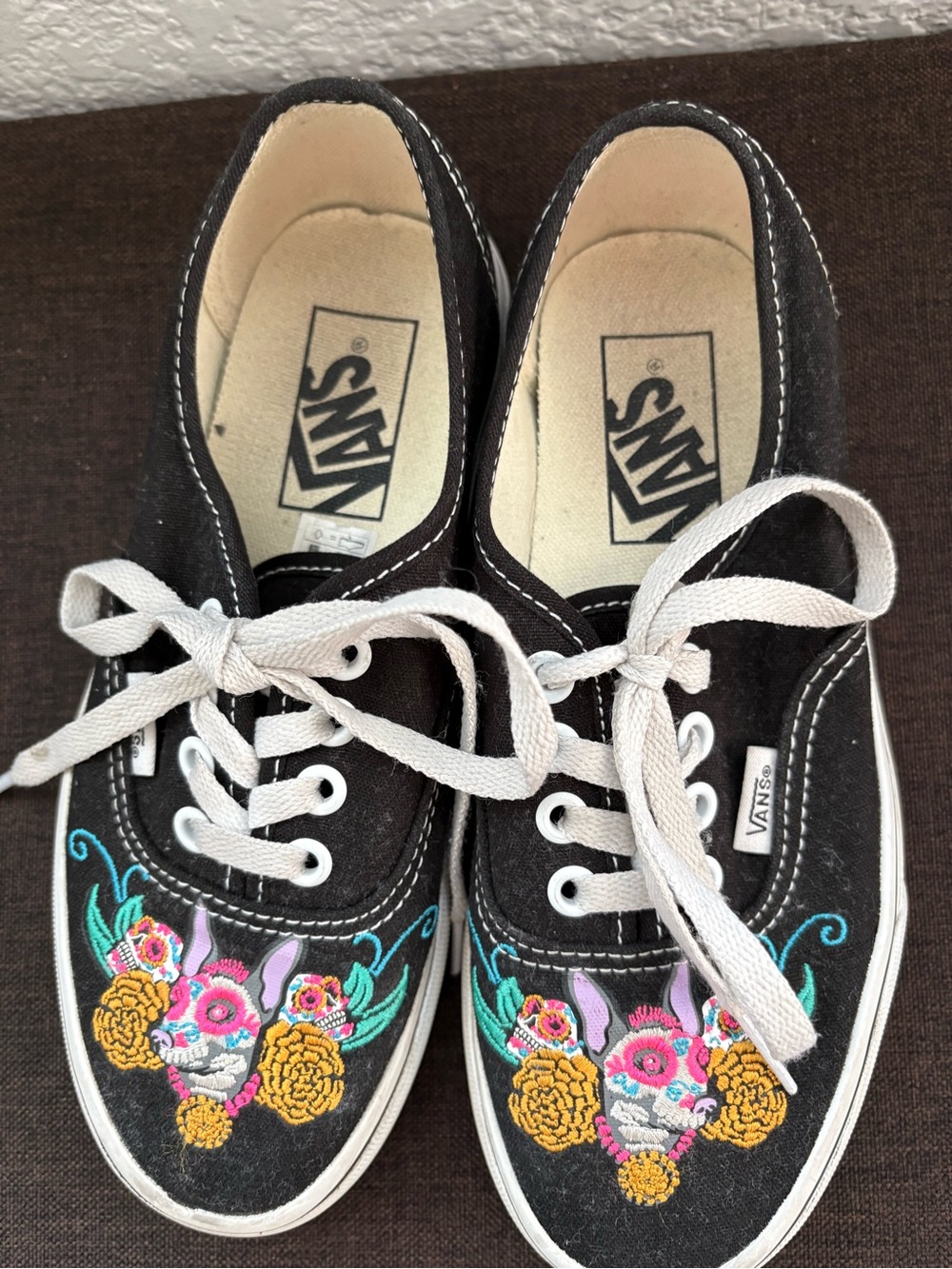 Vans Black Canvas Sneakers with Multicolor Floral Skull Embroidery